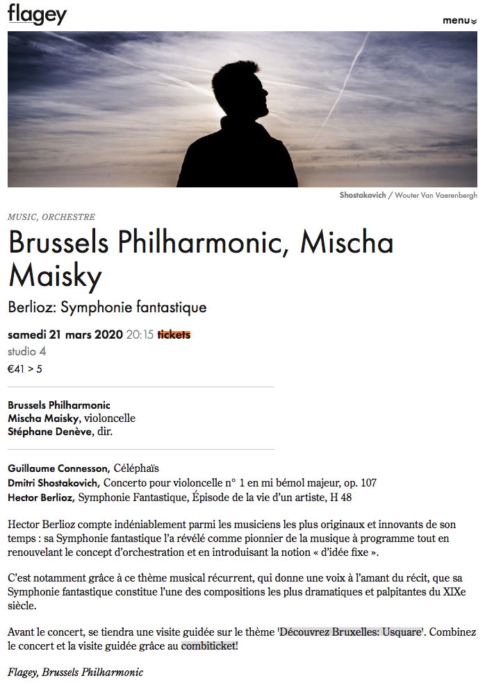 Page Internet. Flagey. Brussels Philharmonic, Mischa Maisky, violoncelle. 2020-03-21